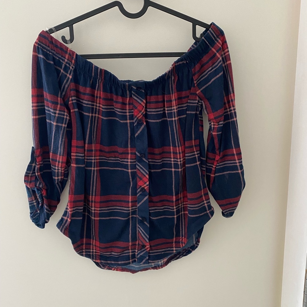 Plaid off the shoulder top